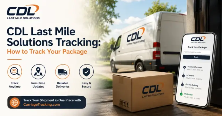 CDL Last Mile Solutions tracking with delivery van, package, and shipment tracking app.
