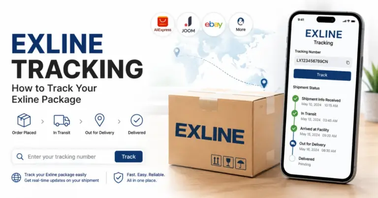 Exline package tracking with a shipment box, tracking interface, and delivery status updates.