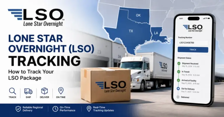 LSO package tracking with a delivery truck, package, and shipment tracking interface.