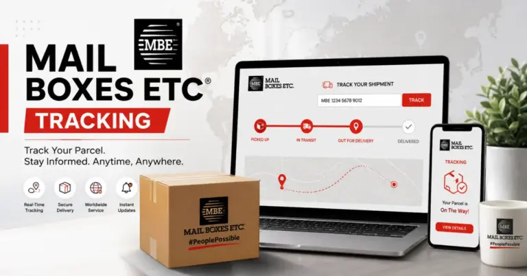Mail Boxes Etc Tracking dashboard showing real-time parcel tracking, shipment progress, delivery status, package box, laptop, and mobile tracking interface.