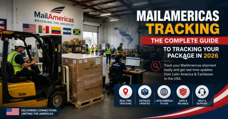MailAmericas Tracking warehouse with workers, forklift loading packages, USA flag, and parcel handling for real-time shipment tracking.