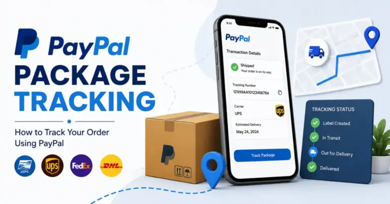 PayPal package tracking with shipment details, tracking number, and delivery status.