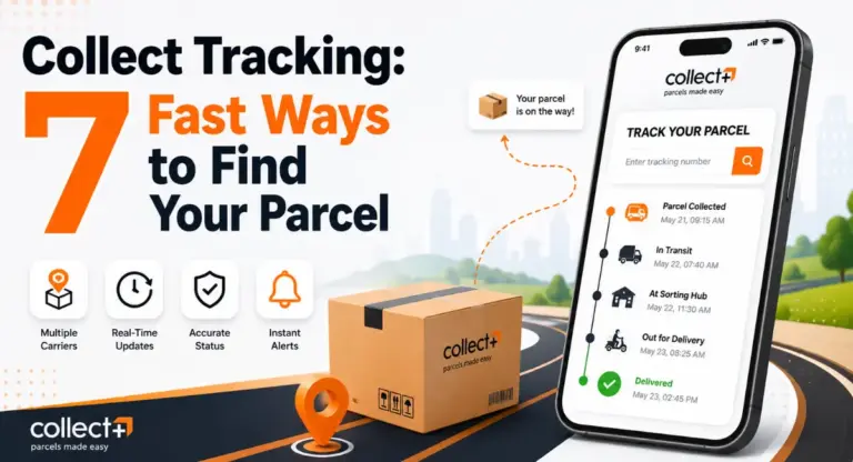 Collect tracking guide showing a parcel, tracking number, delivery route, and shipment status on a smartphone